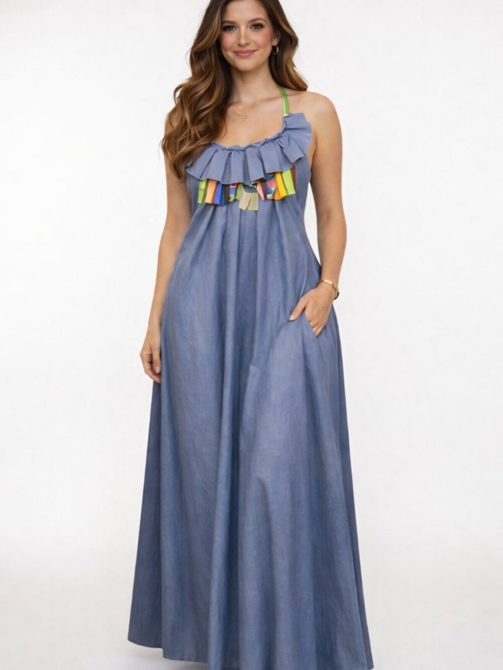 Blue Ruffle Halter Maxi Dress Wedding Guest Summer Boho Size Small